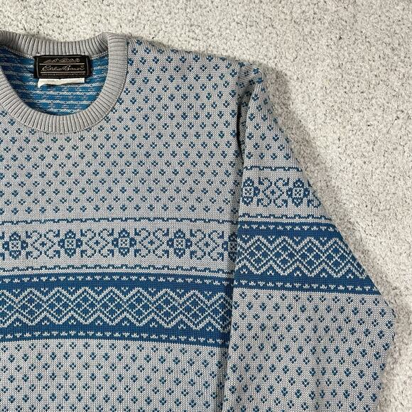 Eddie Bauer Sweater Mens M Gray Blue Wool Fair Isle Nordic Made USA Knit - Picture 4 of 13
